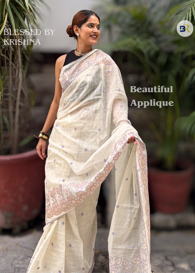 Shyama Sakhi White Chanderi with Lavendar Applique Saree