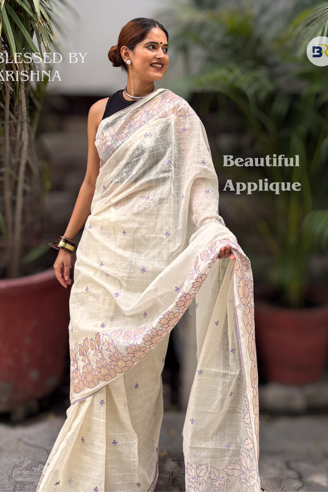 Shyama Sakhi White Chanderi with Lavendar Applique Saree