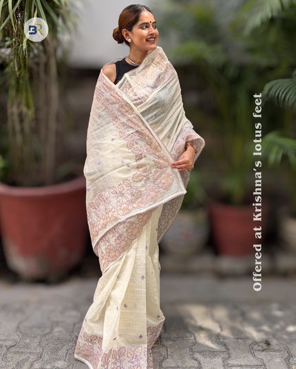 Shyama Sakhi White Chanderi with Lavendar Applique Saree