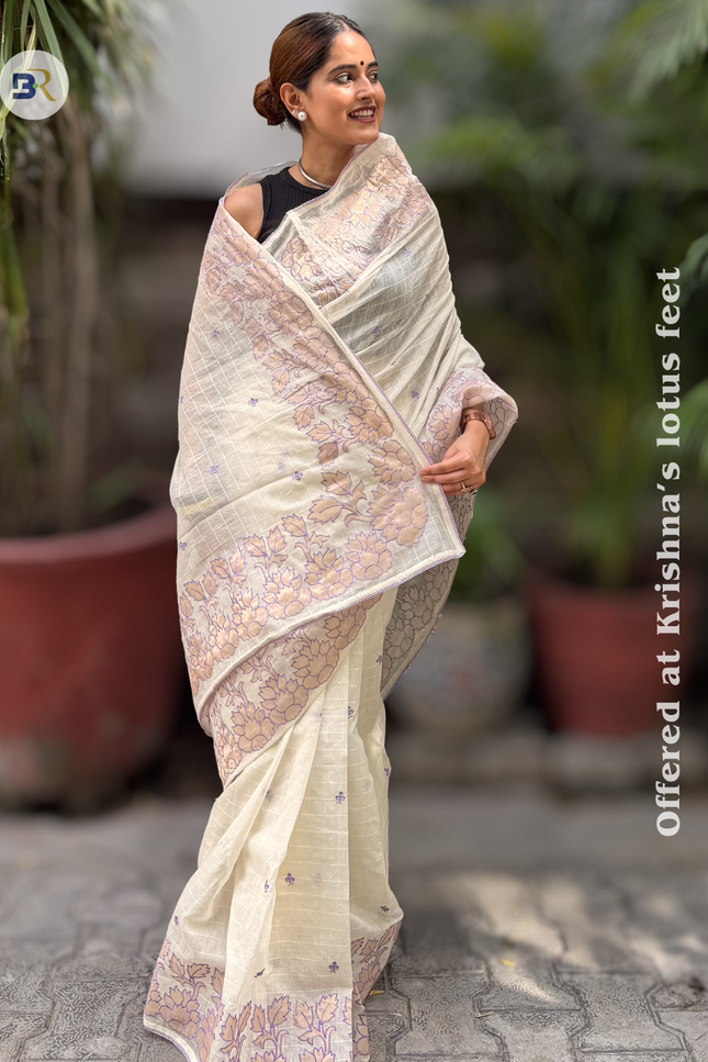Shyama Sakhi White Chanderi with Lavendar Applique Saree