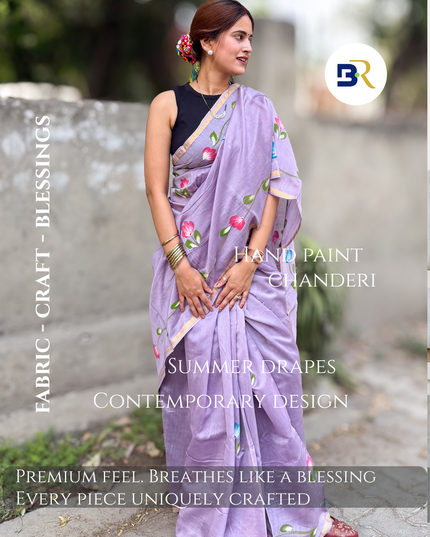 Vrindavan Pushp Chanderi Silk Hand Painted Saree