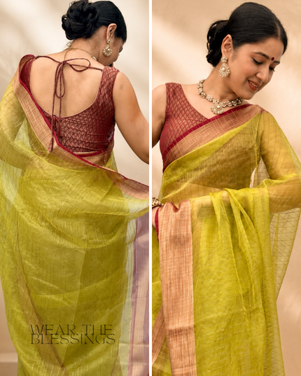 Krishn Shriya Green Kora Jute Banarasi Saree