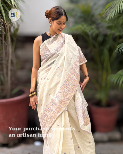 Shyama Sakhi White Chanderi with Lavendar Applique Saree