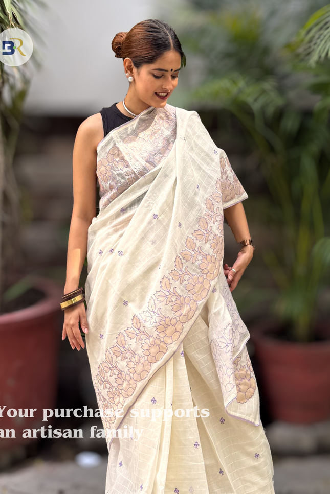 Shyama Sakhi White Chanderi with Lavendar Applique Saree
