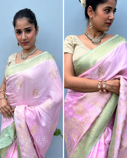 Kumudvan Pink & Pista Banarasi Crepe Saree