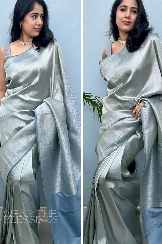 Radha Madan Mohan Grey Kanjivaram Saree