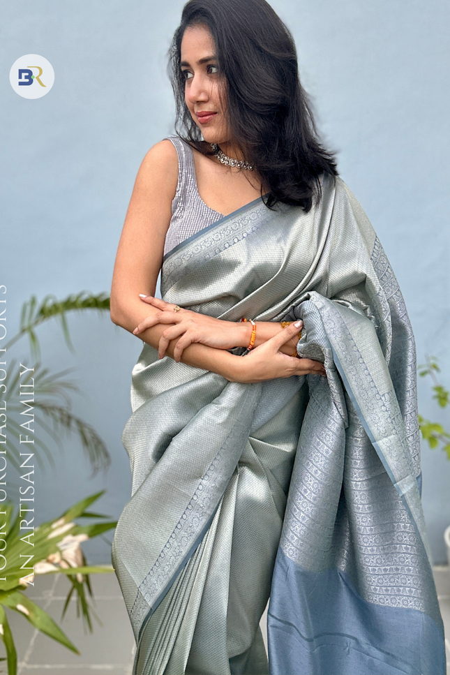 Radha Madan Mohan Grey Kanjivaram Saree