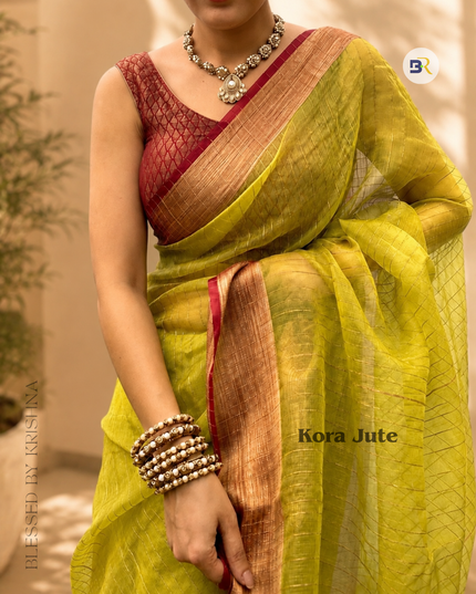 Krishn Shriya Green Kora Jute Banarasi Saree