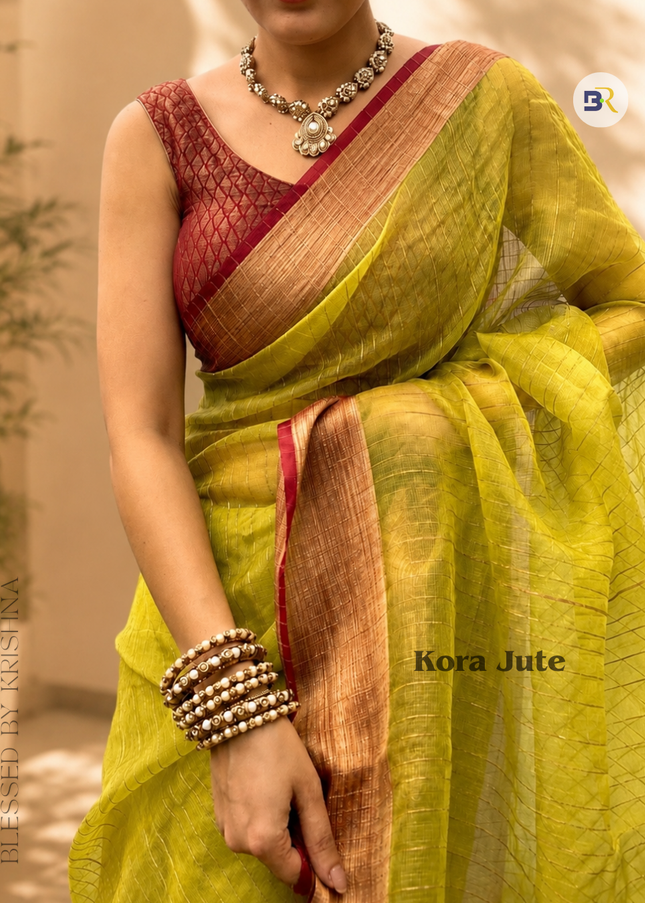 Krishn Shriya Green Kora Jute Banarasi Saree