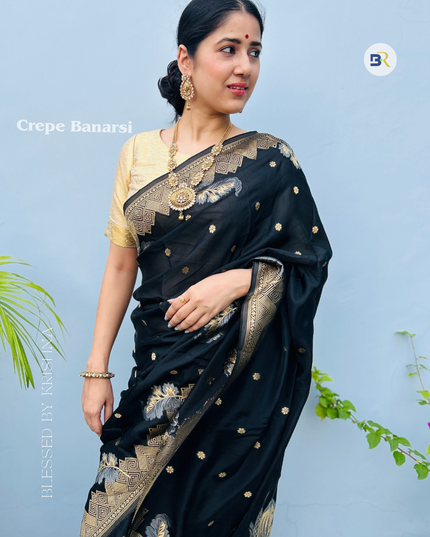 Bhadravan Black Banarasi Crepe Saree