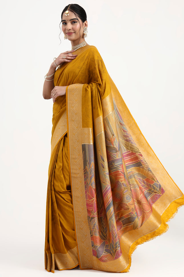 Artistic Grace Mustard Yellow Banarasi Silk Saree