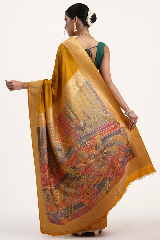 Artistic Grace Mustard Yellow Banarasi Silk Saree