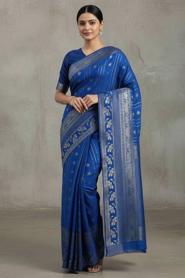 Divine Blue Silver Zari Banarasi Saree