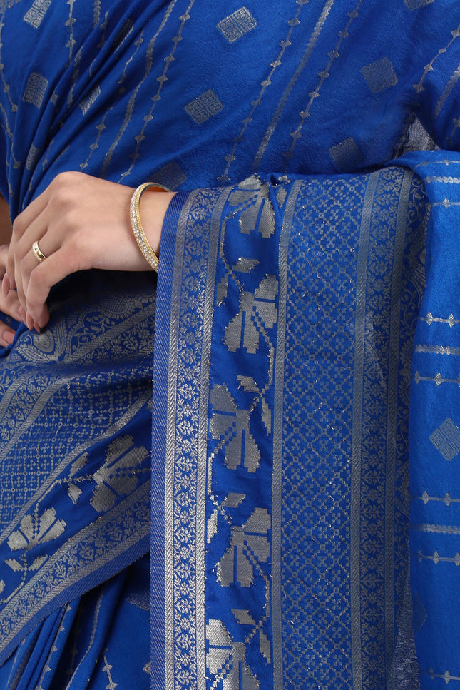 Divine Blue Silver Zari Banarasi Saree